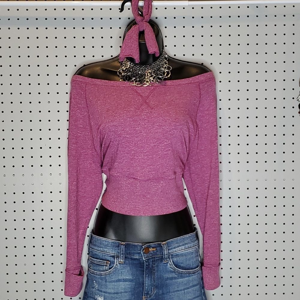 Xersion 🎉HP🎉Slouchy Light Plum Custom Cropped LS Blouse & Hair Tie, Sz Small,